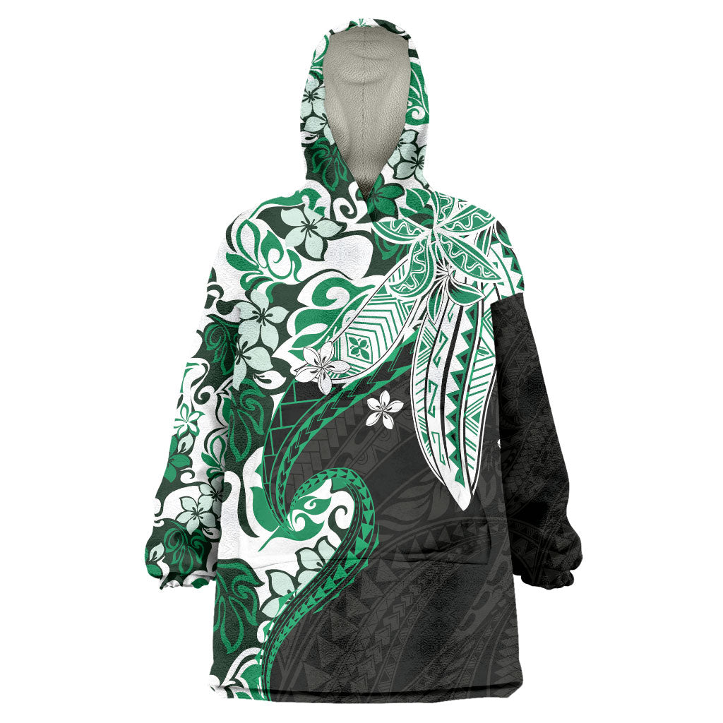 Monstera Plumeria Flowers Green Wearable Blanket Hoodie Polynesian Pattern