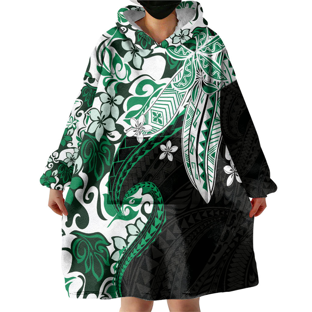 Monstera Plumeria Flowers Green Wearable Blanket Hoodie Polynesian Pattern