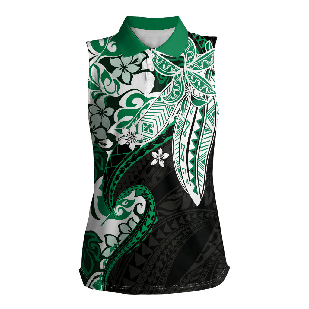 Monstera Plumeria Flowers Green Women Sleeveless Polo Shirt Polynesian Pattern LT01 Female Green - Polynesian Pride