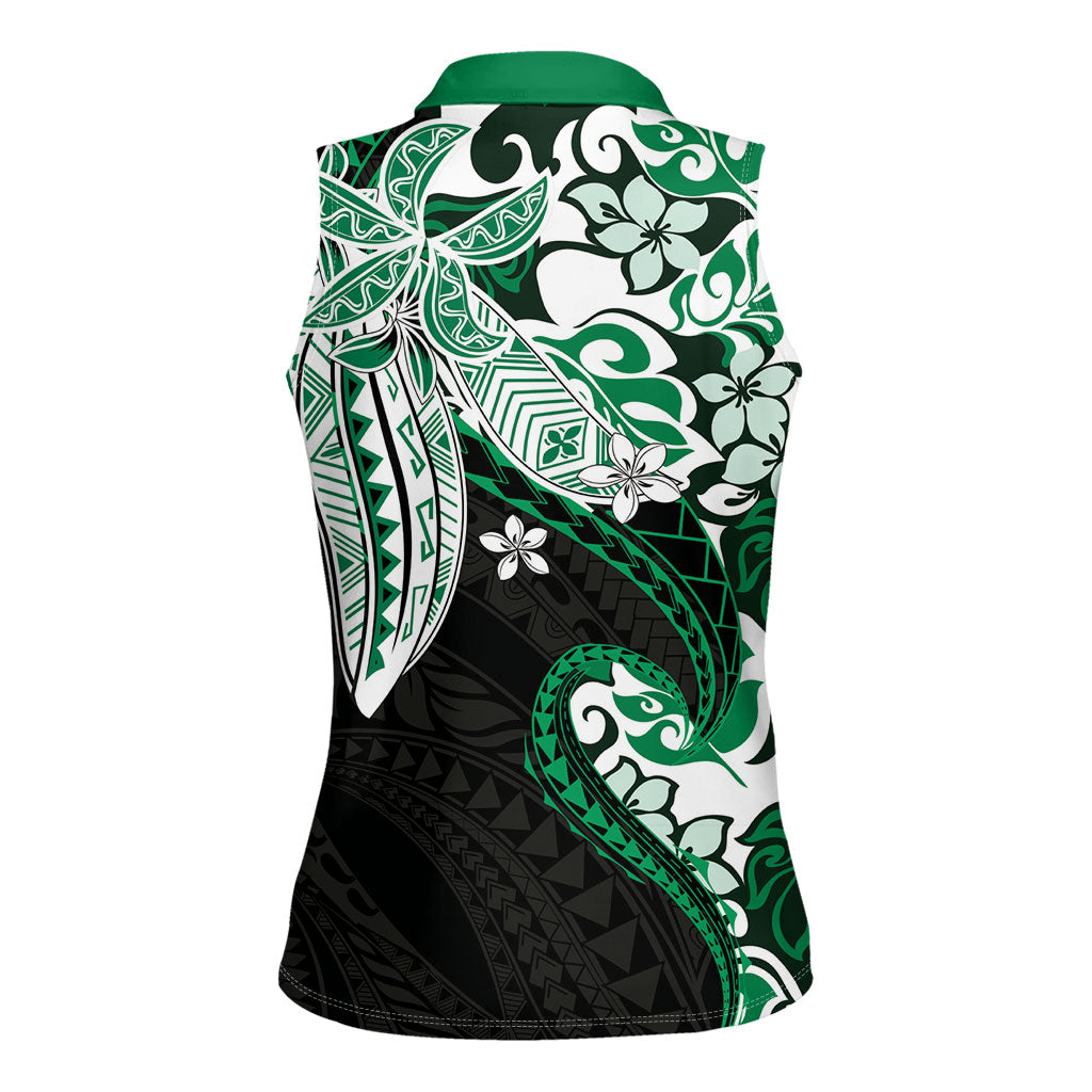Monstera Plumeria Flowers Green Women Sleeveless Polo Shirt Polynesian Pattern LT01 - Polynesian Pride