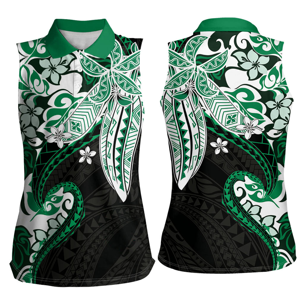Monstera Plumeria Flowers Green Women Sleeveless Polo Shirt Polynesian Pattern LT01 - Polynesian Pride