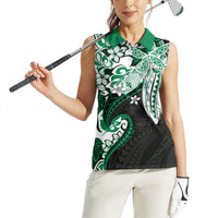 Monstera Plumeria Flowers Green Women Sleeveless Polo Shirt Polynesian Pattern LT01 - Polynesian Pride