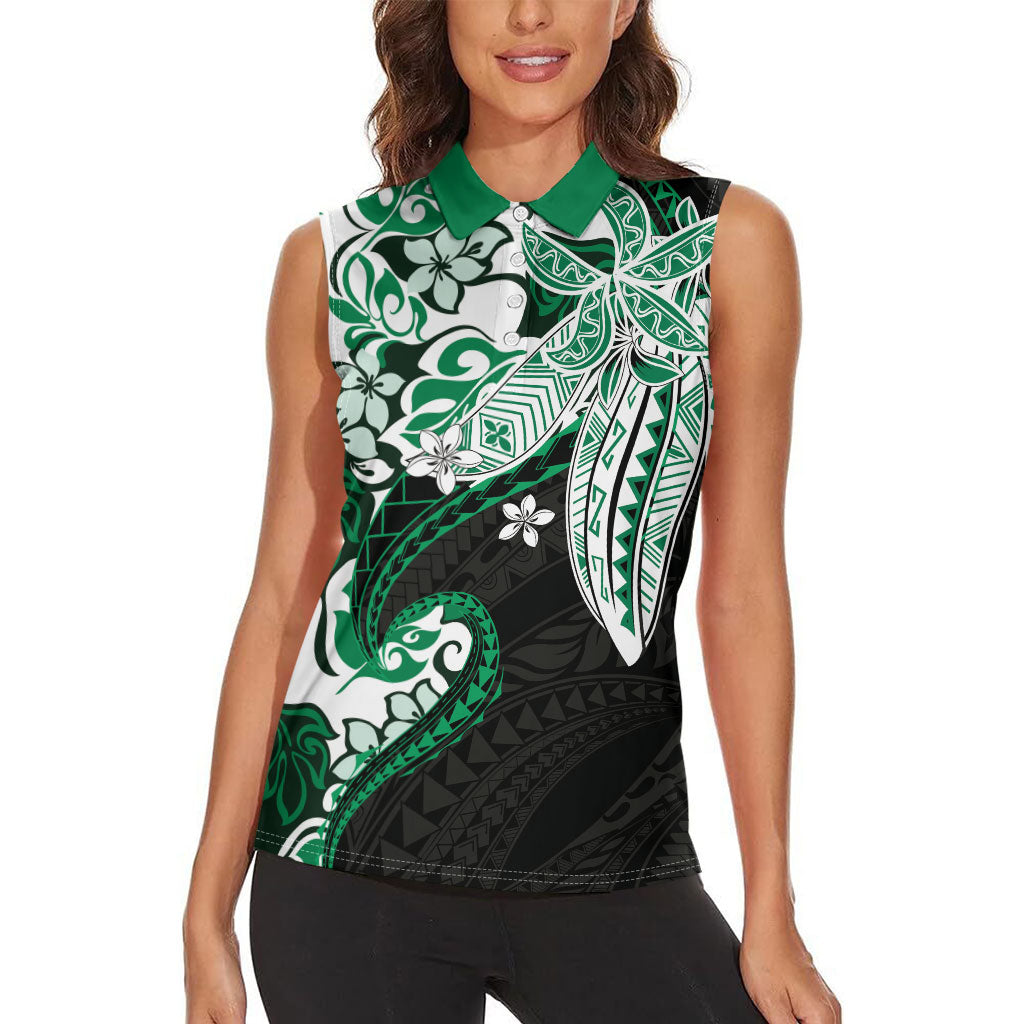 Monstera Plumeria Flowers Green Women Sleeveless Polo Shirt Polynesian Pattern LT01 - Polynesian Pride