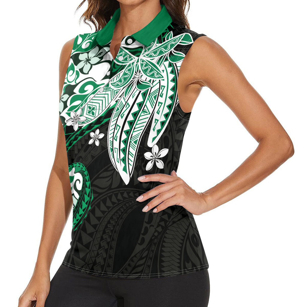 Monstera Plumeria Flowers Green Women Sleeveless Polo Shirt Polynesian Pattern LT01 - Polynesian Pride
