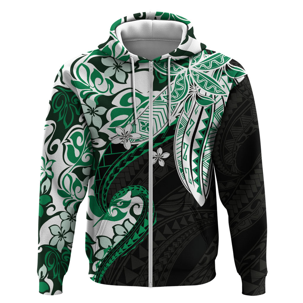 Monstera Plumeria Flowers Green Zip Hoodie Polynesian Pattern LT01 Zip Hoodie Green - Polynesian Pride