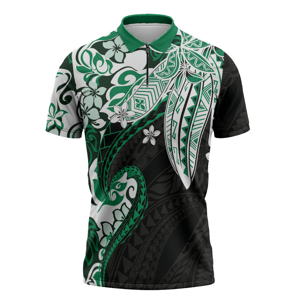 Monstera Plumeria Flowers Green Zipper Polo Shirt Polynesian Pattern LT01 Green - Polynesian Pride
