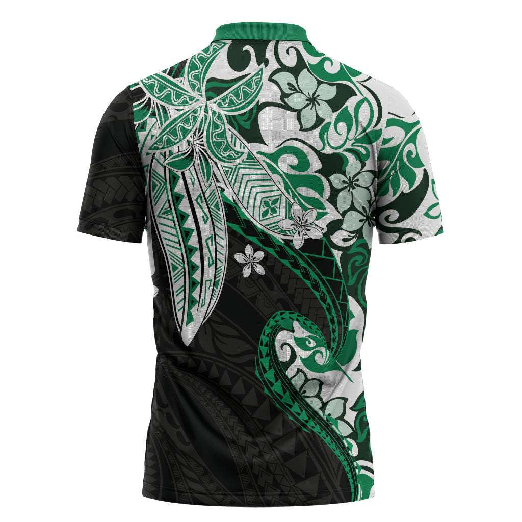 Monstera Plumeria Flowers Green Zipper Polo Shirt Polynesian Pattern LT01 - Polynesian Pride