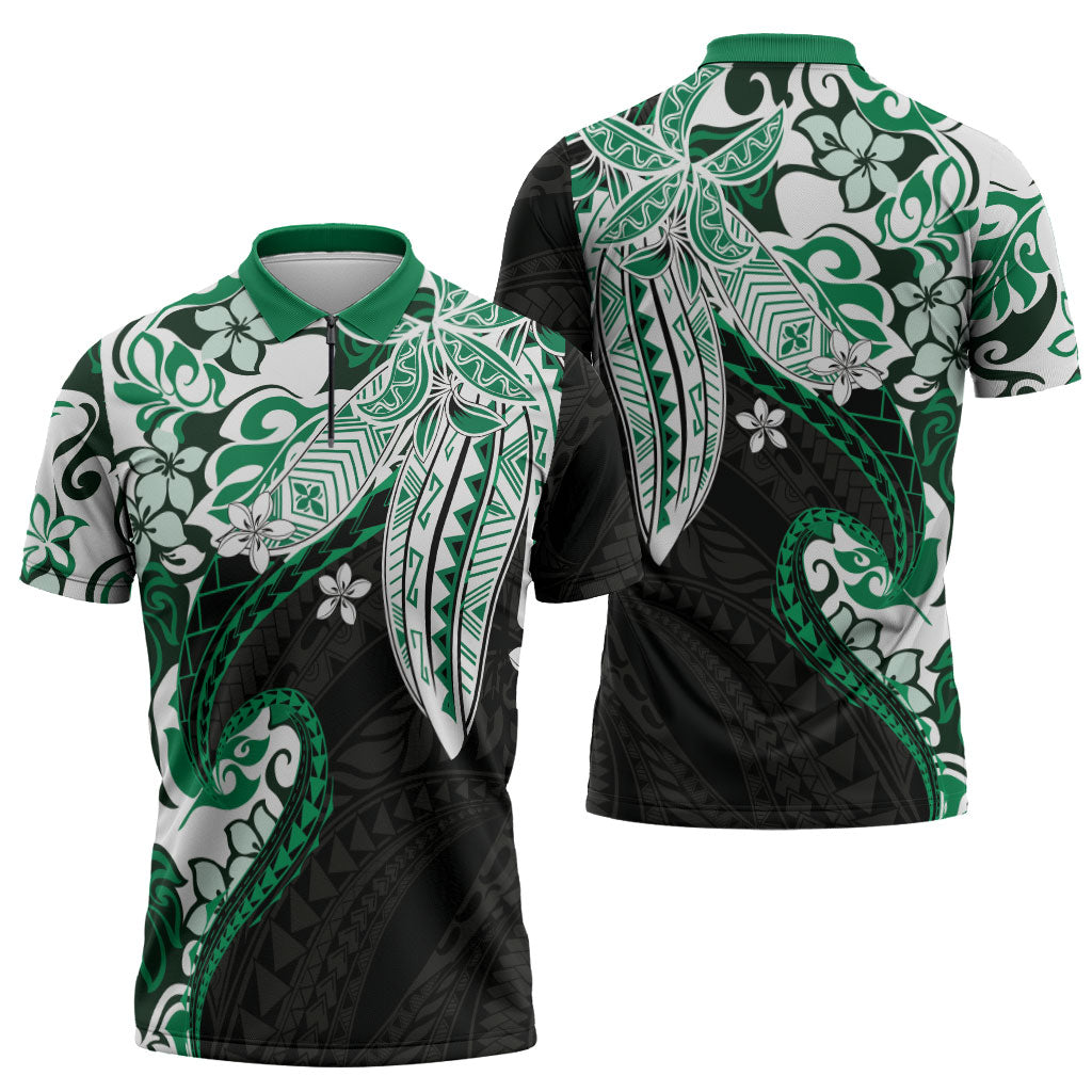 Monstera Plumeria Flowers Green Zipper Polo Shirt Polynesian Pattern LT01 - Polynesian Pride