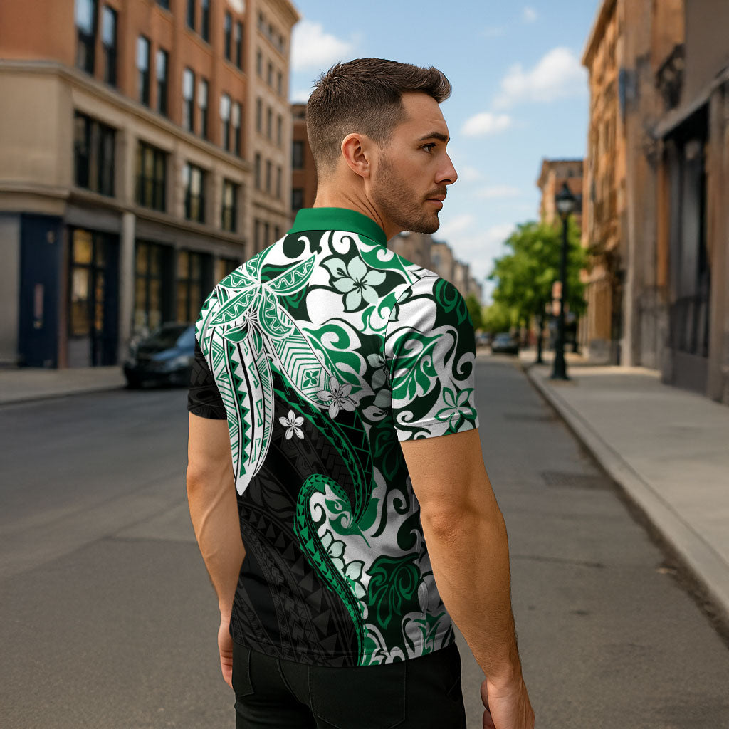 Monstera Plumeria Flowers Green Zipper Polo Shirt Polynesian Pattern LT01 - Polynesian Pride