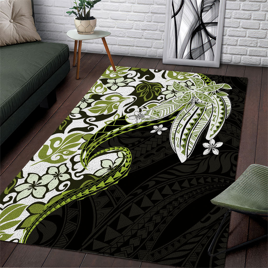 Monstera Plumeria Flowers Olive Green Area Rug Polynesian Pattern LT01 Green - Polynesian Pride