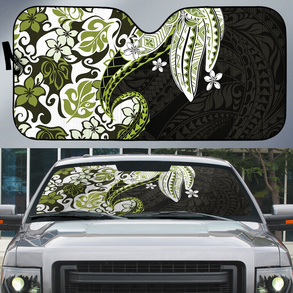 Monstera Plumeria Flowers Olive Green Auto Sun Shade Polynesian Pattern
