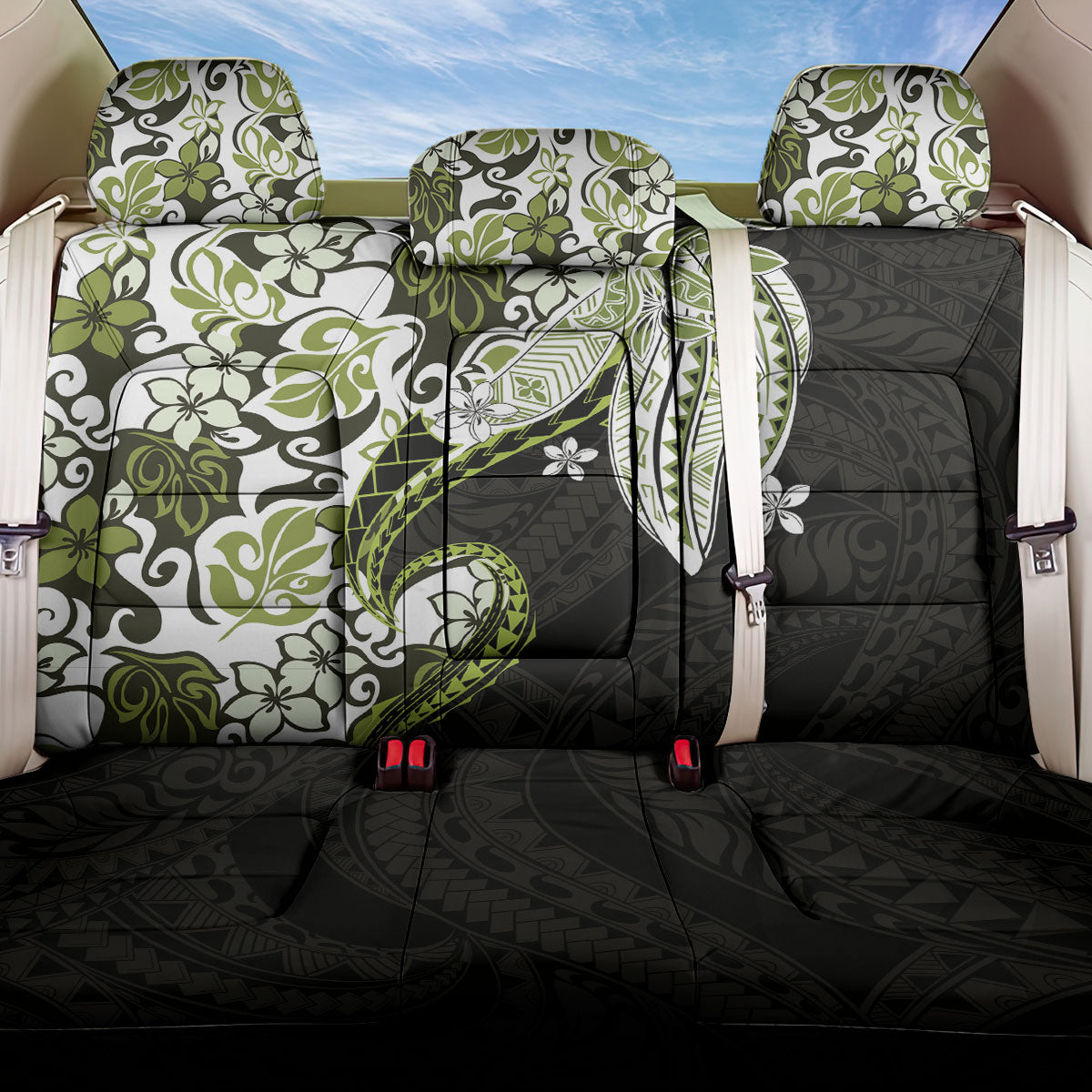 Monstera Plumeria Flowers Olive Green Back Car Seat Cover Polynesian Pattern LT01 One Size Green - Polynesian Pride