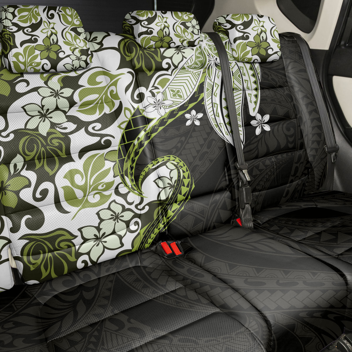 Monstera Plumeria Flowers Olive Green Back Car Seat Cover Polynesian Pattern LT01 - Polynesian Pride