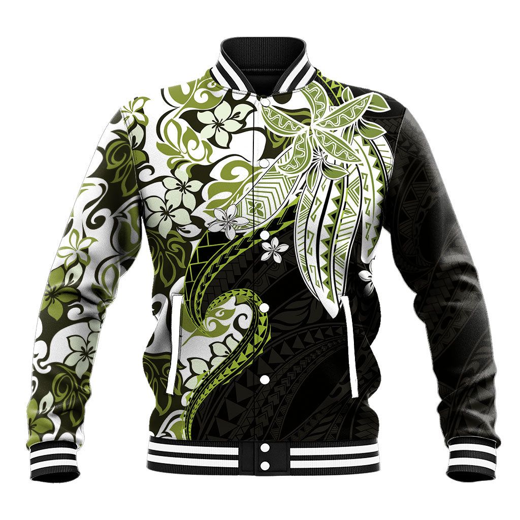 Monstera Plumeria Flowers Olive Green Baseball Jacket Polynesian Pattern LT01 Unisex Green - Polynesian Pride