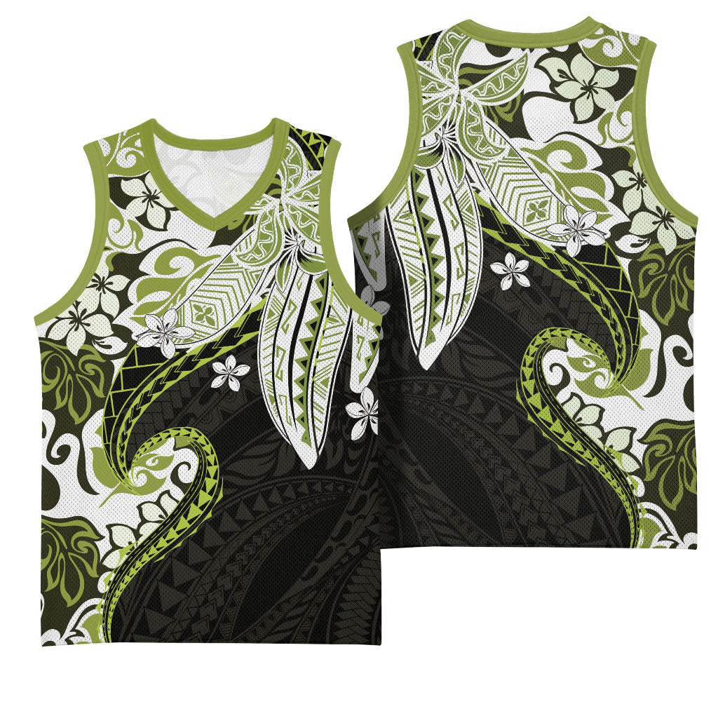 Monstera Plumeria Flowers Olive Green Basketball Jersey Polynesian Pattern LT01 - Polynesian Pride