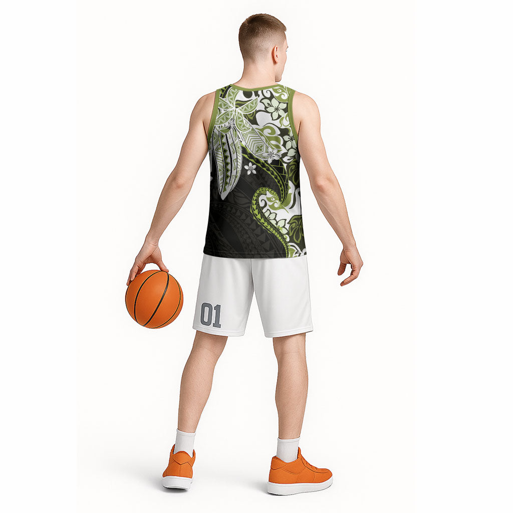Monstera Plumeria Flowers Olive Green Basketball Jersey Polynesian Pattern LT01 - Polynesian Pride