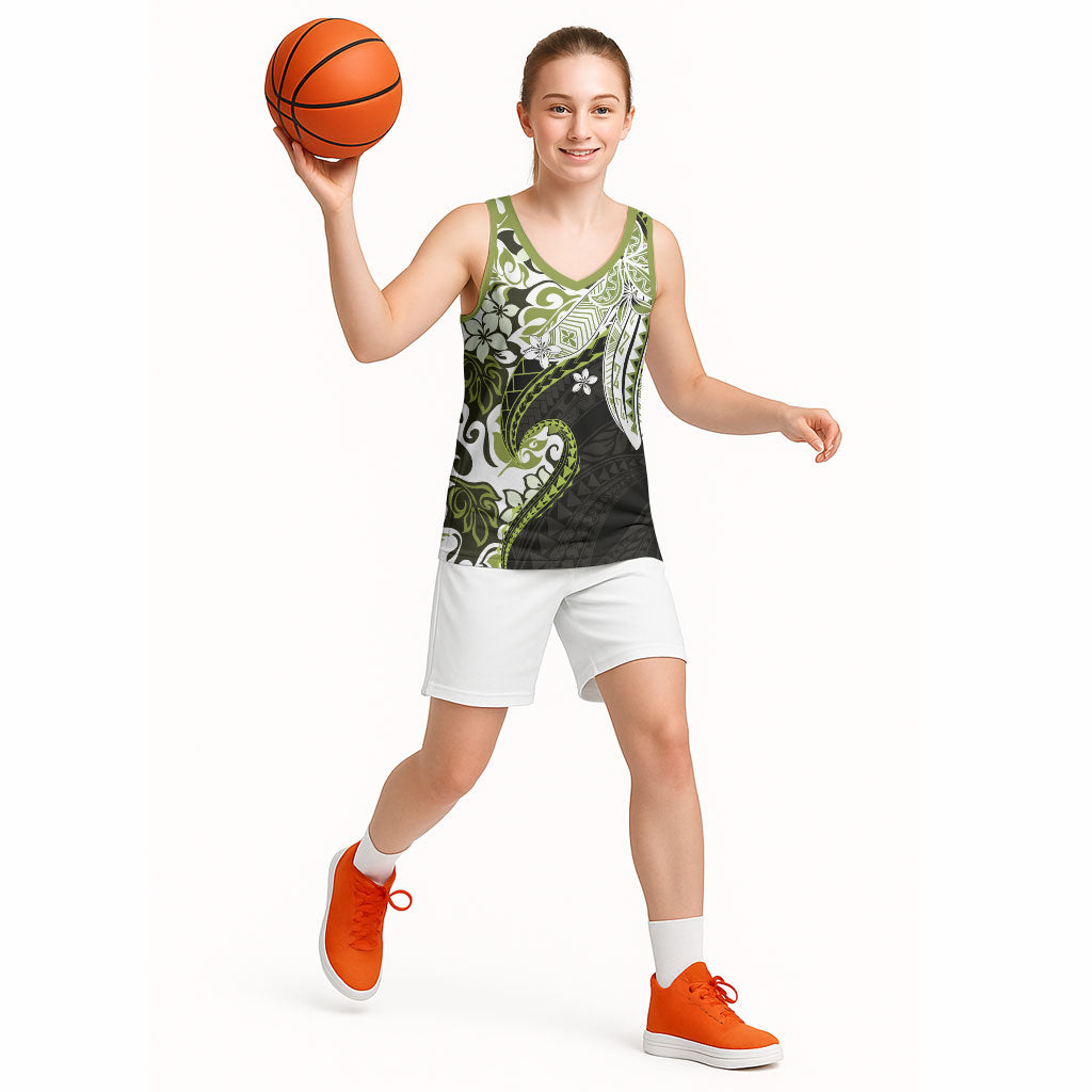 Monstera Plumeria Flowers Olive Green Basketball Jersey Polynesian Pattern LT01 - Polynesian Pride