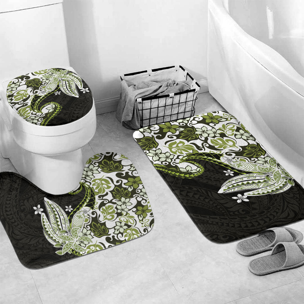 Monstera Plumeria Flowers Olive Green Bathroom Set Polynesian Pattern LT01 Mat Set Only (3 pcs) One Size Green - Polynesian Pride