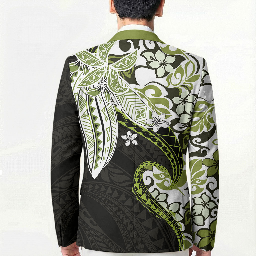 Monstera Plumeria Flowers Olive Green Blazer Polynesian Pattern LT01 - Polynesian Pride