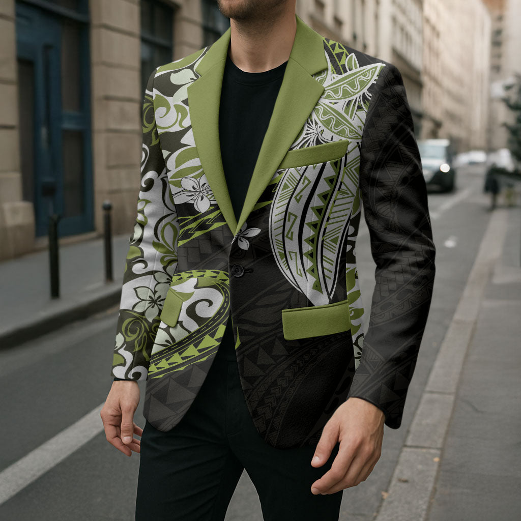 Monstera Plumeria Flowers Olive Green Blazer Polynesian Pattern LT01 - Polynesian Pride