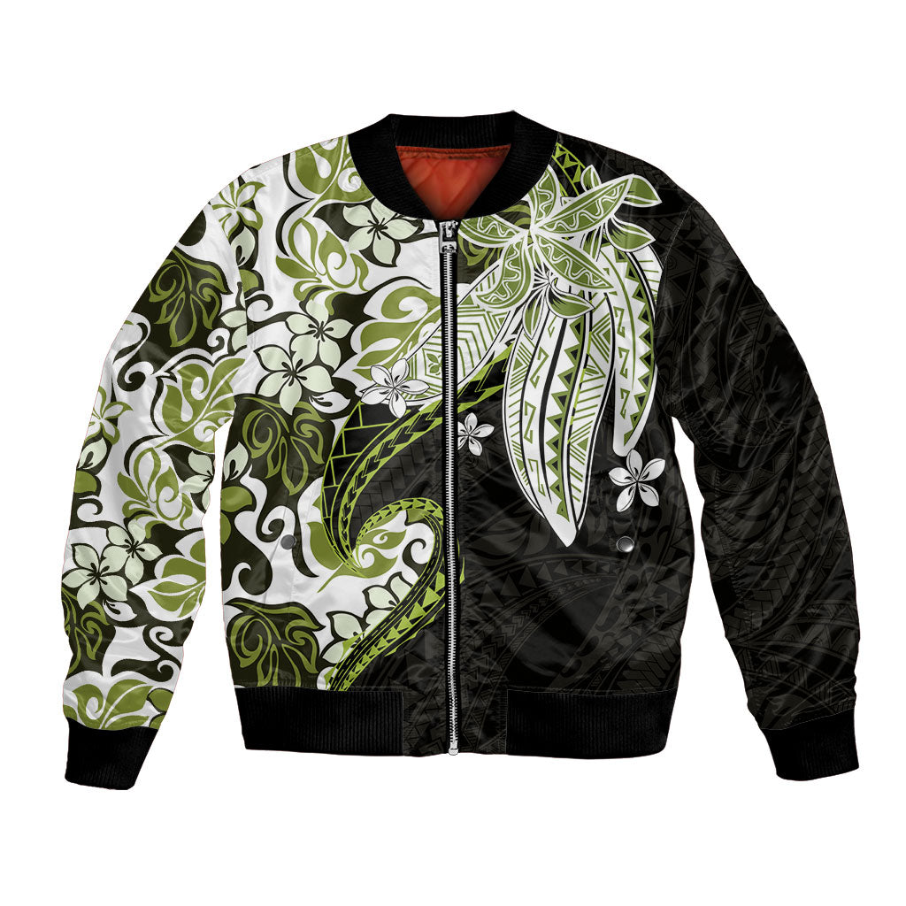 Monstera Plumeria Flowers Olive Green Bomber Jacket Polynesian Pattern LT01 Unisex Green - Polynesian Pride