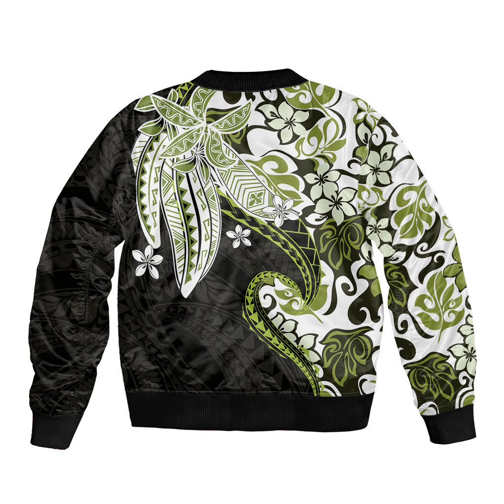 Monstera Plumeria Flowers Olive Green Bomber Jacket Polynesian Pattern LT01 - Polynesian Pride