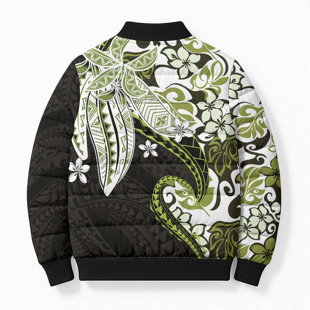 Monstera Plumeria Flowers Olive Green Bomber Puffer Jacket Polynesian Pattern LT01 - Polynesian Pride