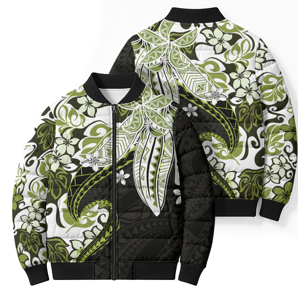 Monstera Plumeria Flowers Olive Green Bomber Puffer Jacket Polynesian Pattern LT01 - Polynesian Pride