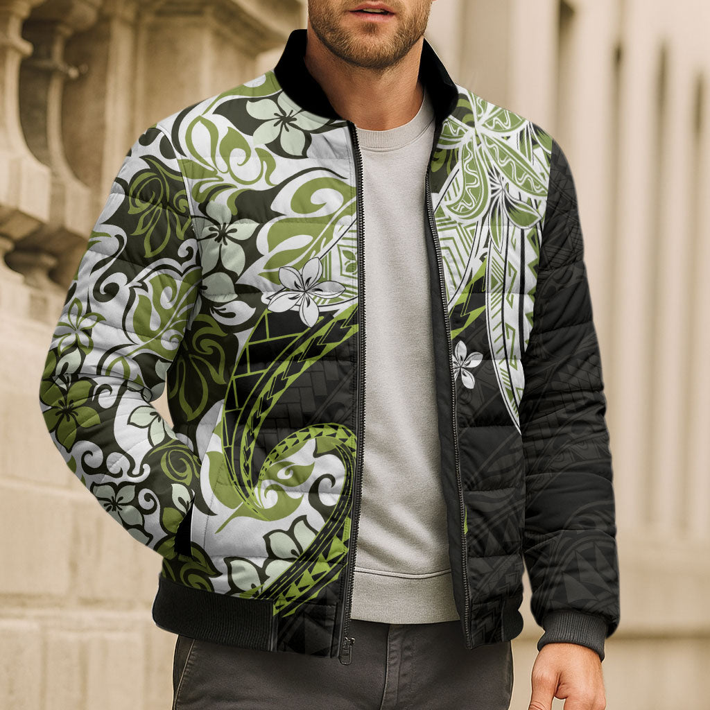 Monstera Plumeria Flowers Olive Green Bomber Puffer Jacket Polynesian Pattern LT01 - Polynesian Pride