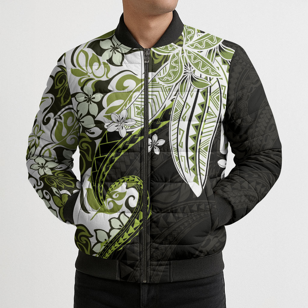 Monstera Plumeria Flowers Olive Green Bomber Puffer Jacket Polynesian Pattern LT01 - Polynesian Pride