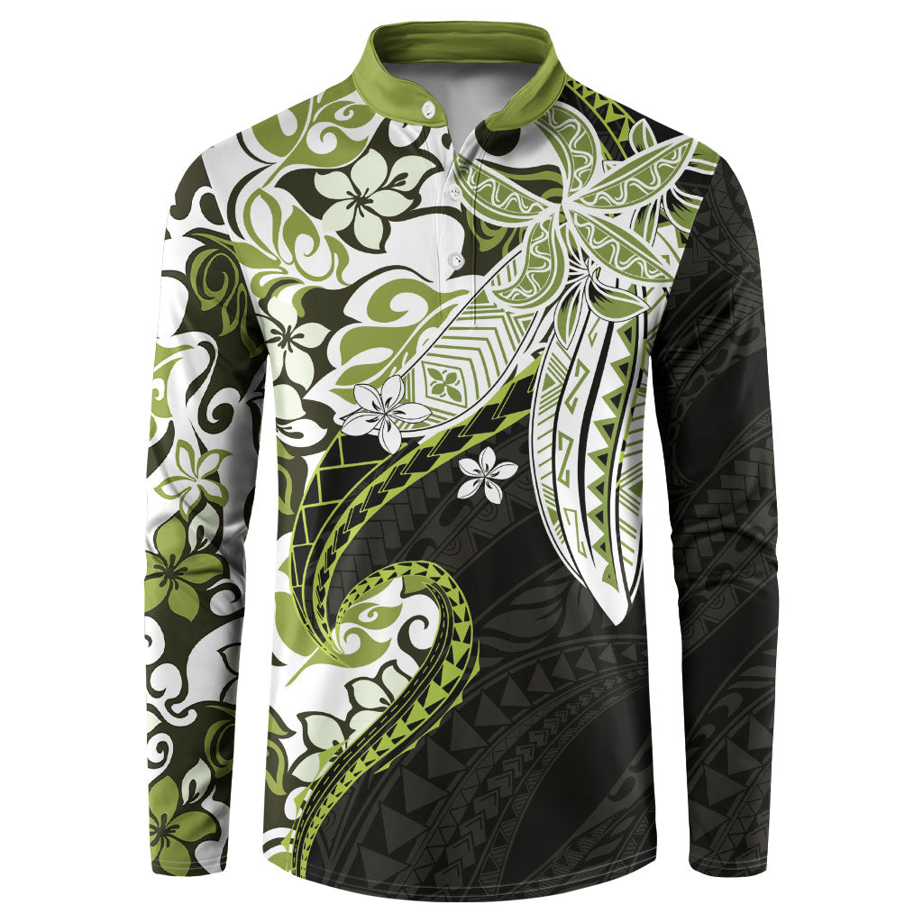 Monstera Plumeria Flowers Olive Green Button Sweatshirt Polynesian Pattern LT01 Green - Polynesian Pride