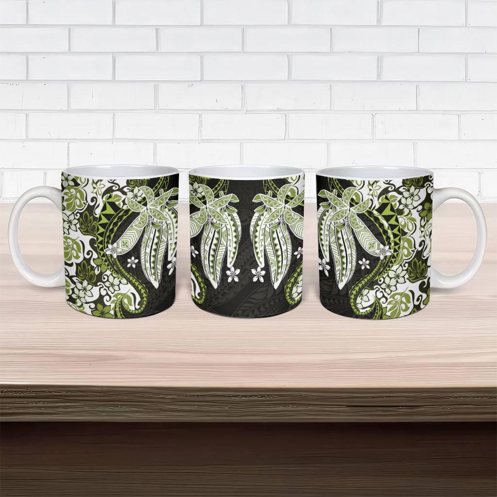 Monstera Plumeria Flowers Olive Green Ceramic Mug Polynesian Pattern LT01 - Polynesian Pride