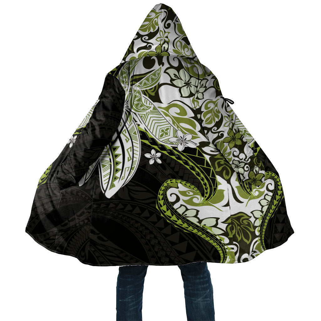Monstera Plumeria Flowers Olive Green Cloak Polynesian Pattern LT01 Unisex Green - Polynesian Pride