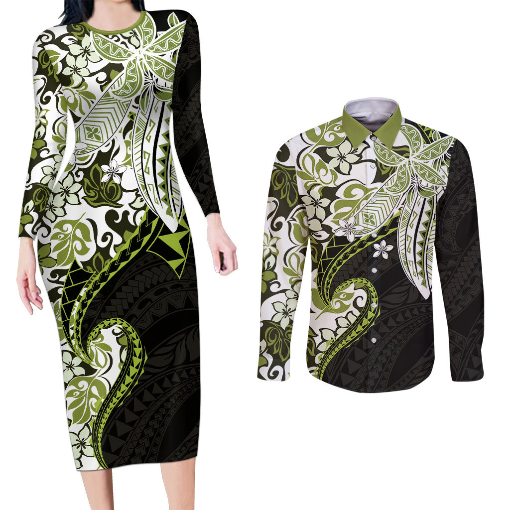 Monstera Plumeria Flowers Olive Green Couples Matching Long Sleeve Bodycon Dress and Long Sleeve Button Shirt Polynesian Pattern LT01 Green - Polynesian Pride