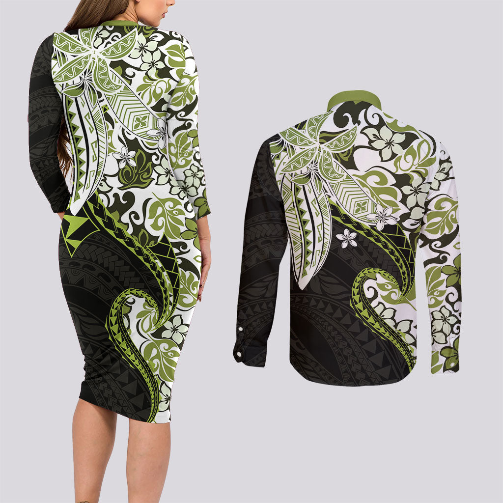 Monstera Plumeria Flowers Olive Green Couples Matching Long Sleeve Bodycon Dress and Long Sleeve Button Shirt Polynesian Pattern