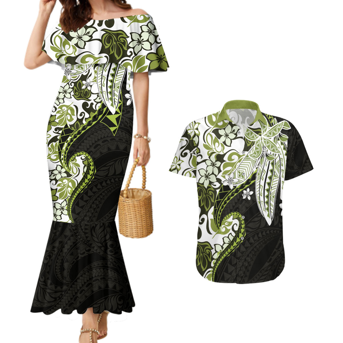 Monstera Plumeria Flowers Olive Green Couples Matching Mermaid Dress and Hawaiian Shirt Polynesian Pattern LT01 Green - Polynesian Pride
