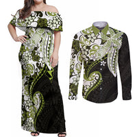 Monstera Plumeria Flowers Olive Green Couples Matching Off Shoulder Maxi Dress and Long Sleeve Button Shirt Polynesian Pattern