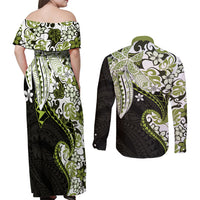 Monstera Plumeria Flowers Olive Green Couples Matching Off Shoulder Maxi Dress and Long Sleeve Button Shirt Polynesian Pattern
