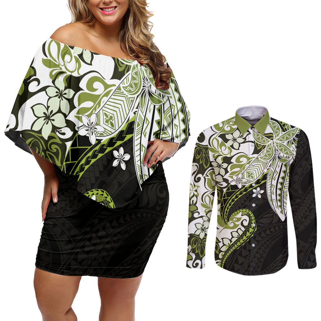 Monstera Plumeria Flowers Olive Green Couples Matching Off Shoulder Short Dress and Long Sleeve Button Shirt Polynesian Pattern LT01 Green - Polynesian Pride