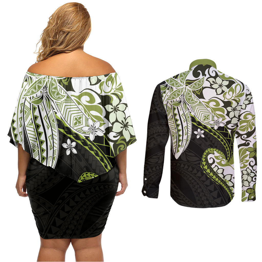 Monstera Plumeria Flowers Olive Green Couples Matching Off Shoulder Short Dress and Long Sleeve Button Shirt Polynesian Pattern LT01 - Polynesian Pride