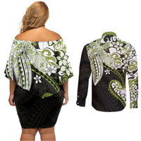 Monstera Plumeria Flowers Olive Green Couples Matching Off Shoulder Short Dress and Long Sleeve Button Shirt Polynesian Pattern LT01 - Polynesian Pride