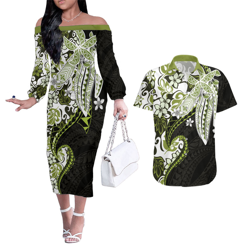Monstera Plumeria Flowers Olive Green Couples Matching Off The Shoulder Long Sleeve Dress and Hawaiian Shirt Polynesian Pattern