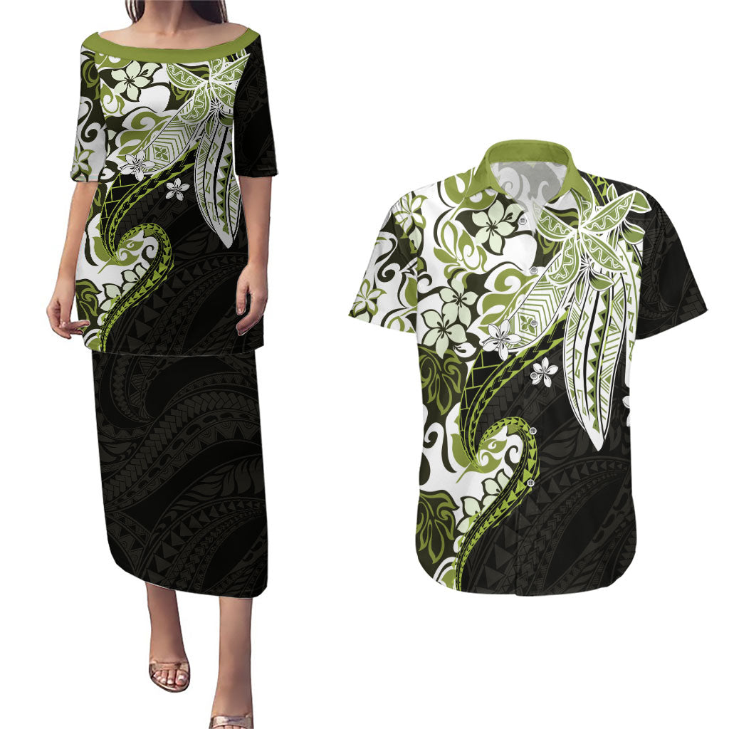 Monstera Plumeria Flowers Olive Green Couples Matching Puletasi and Hawaiian Shirt Polynesian Pattern LT01 Green - Polynesian Pride