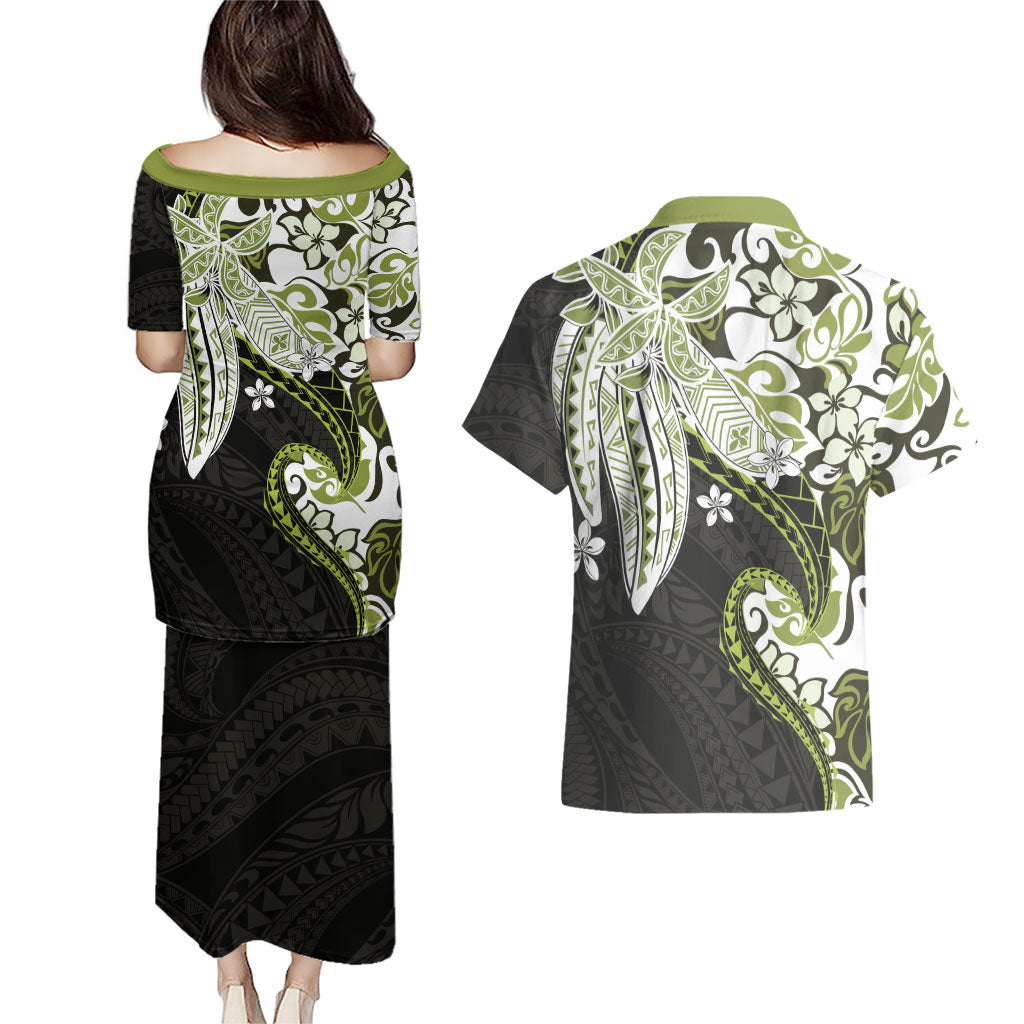 Monstera Plumeria Flowers Olive Green Couples Matching Puletasi and Hawaiian Shirt Polynesian Pattern LT01 - Polynesian Pride