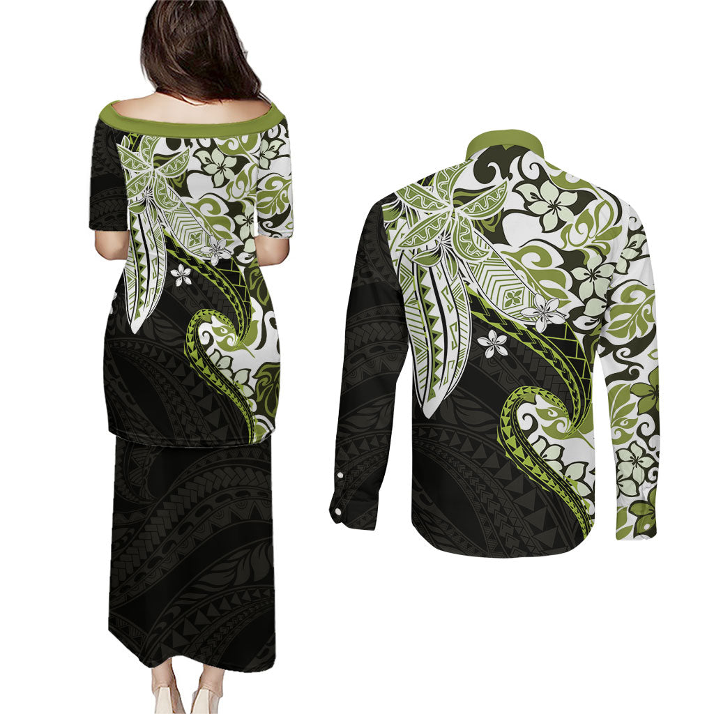 Monstera Plumeria Flowers Olive Green Couples Matching Puletasi and Long Sleeve Button Shirt Polynesian Pattern LT01 - Polynesian Pride