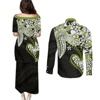 Monstera Plumeria Flowers Olive Green Couples Matching Puletasi and Long Sleeve Button Shirt Polynesian Pattern LT01 - Polynesian Pride