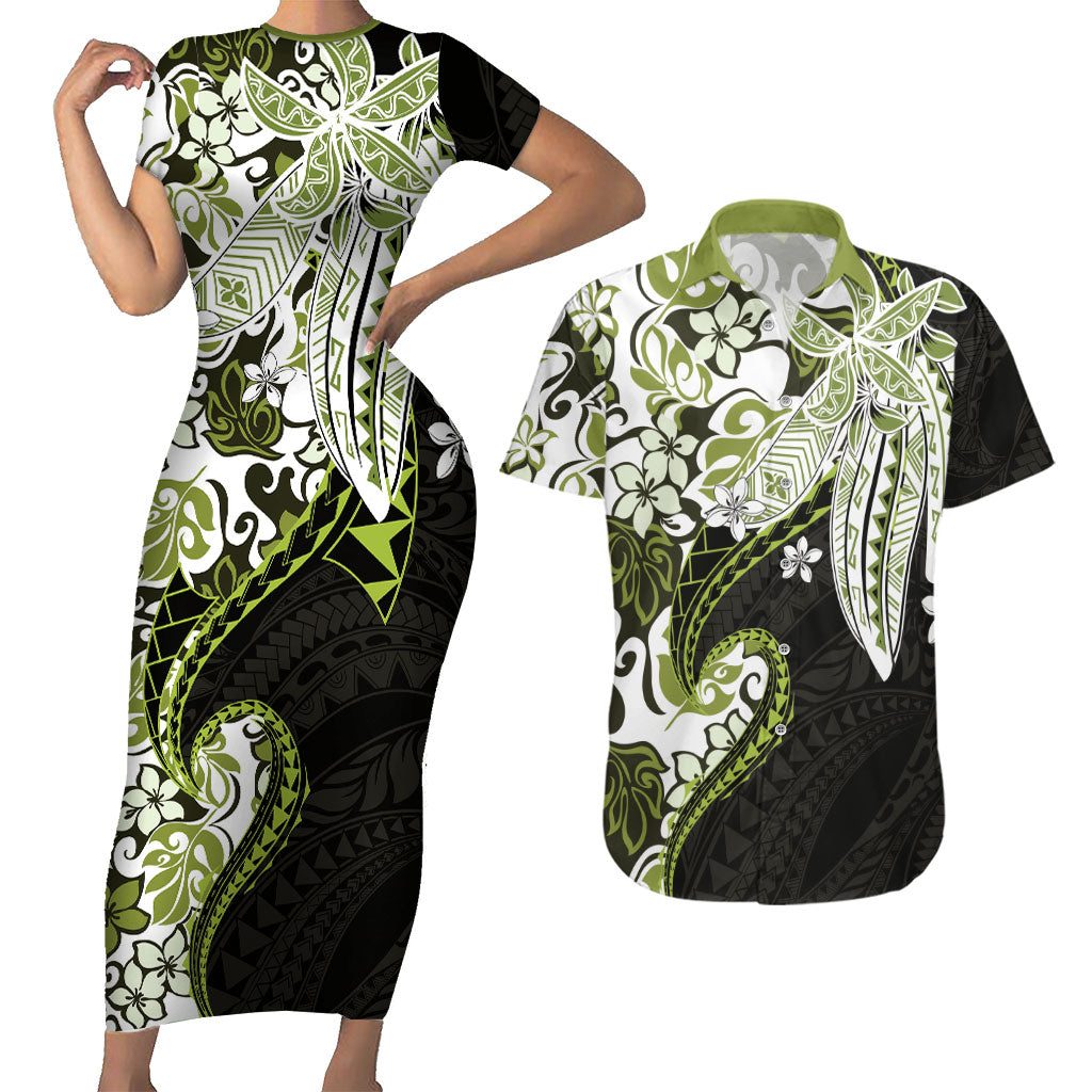 Monstera Plumeria Flowers Olive Green Couples Matching Short Sleeve Bodycon Dress and Hawaiian Shirt Polynesian Pattern LT01 Green - Polynesian Pride