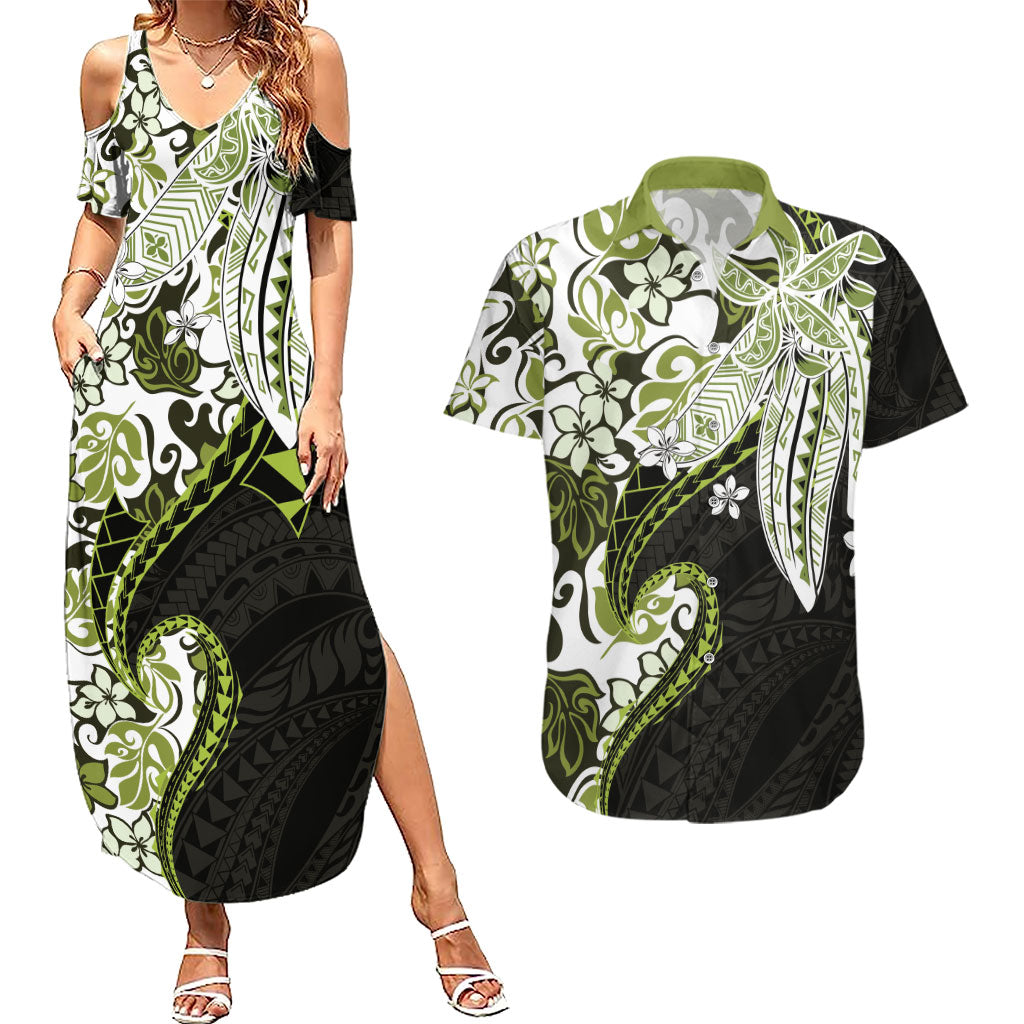 Monstera Plumeria Flowers Olive Green Couples Matching Summer Maxi Dress and Hawaiian Shirt Polynesian Pattern LT01 Green - Polynesian Pride