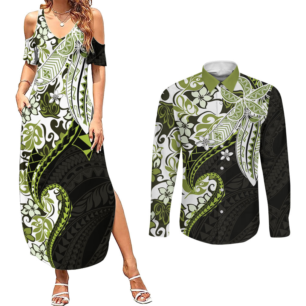Monstera Plumeria Flowers Olive Green Couples Matching Summer Maxi Dress and Long Sleeve Button Shirt Polynesian Pattern LT01 Green - Polynesian Pride