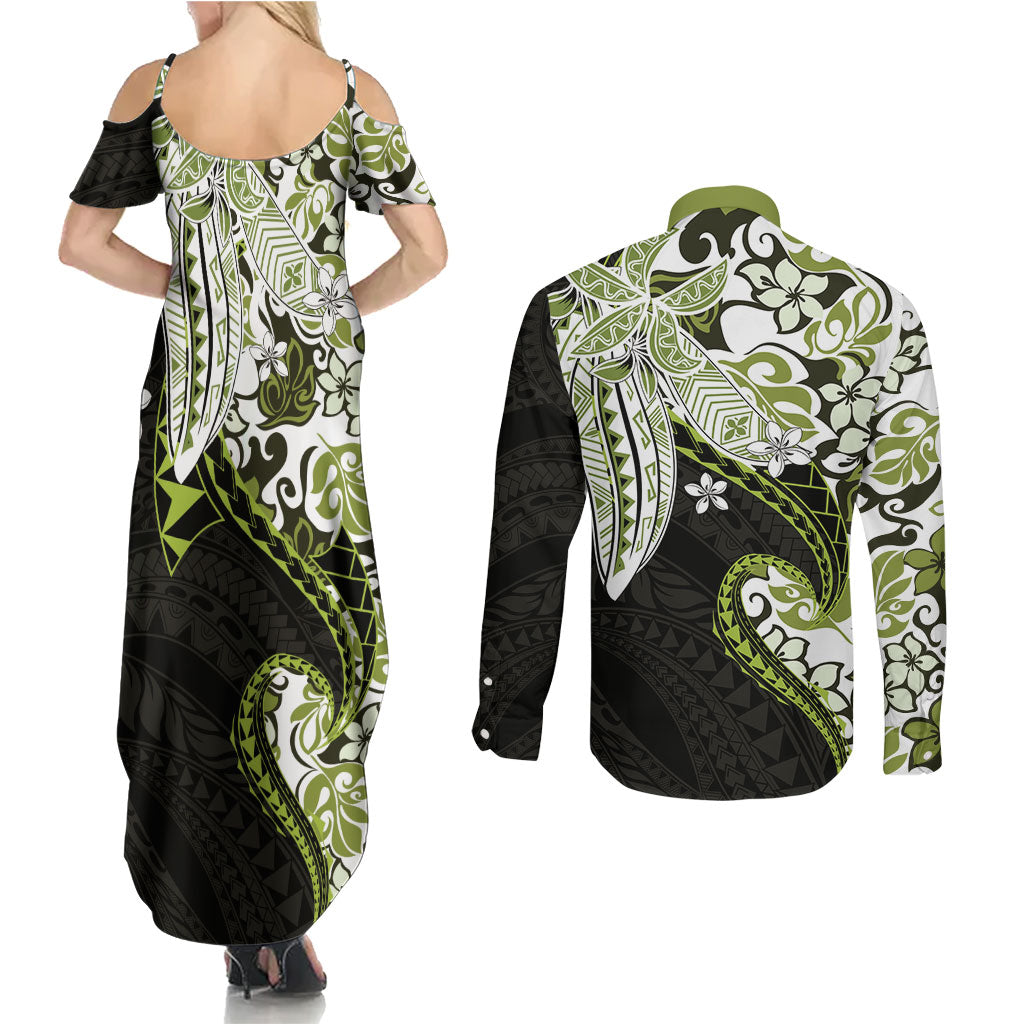 Monstera Plumeria Flowers Olive Green Couples Matching Summer Maxi Dress and Long Sleeve Button Shirt Polynesian Pattern LT01 - Polynesian Pride